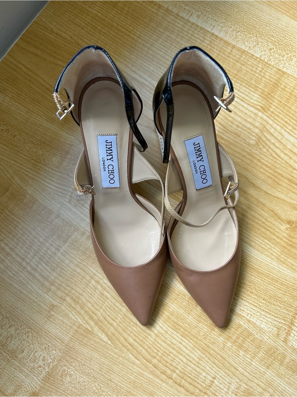 Jimmy Choo Colorblock Pointed Toe Ankle Strap Pumps Nude Black 37.5 Italy
